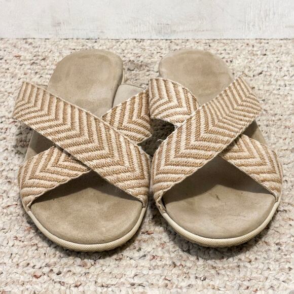 Women’s Sleek Bone Stripe Neutral Crisscross Comfortable Slide Sandals | 12W - Picture 2 of 9